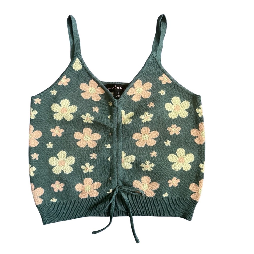 Social Scene Floral Knit Ruched Crop Tank Top Green Pink Flowers Small Y2K